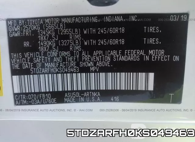5TDZARFH0KS049463 фото 10