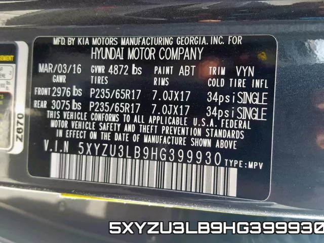 5XYZU3LB9HG399930 фото 2
