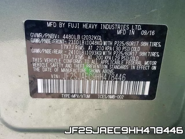 JF2SJAEC9HH478446 фото 2