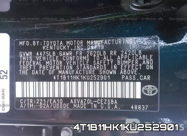 4T1B11HK1KU252901 фото 8