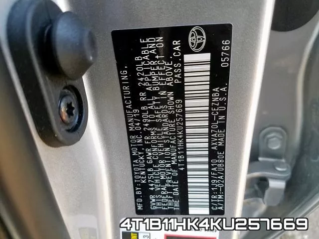 4T1B11HK4KU257669 фото 2
