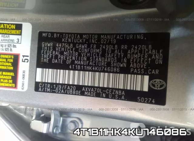 4T1B11HK4KU746086 фото 10