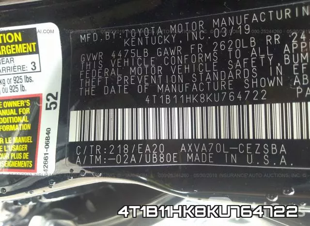 4T1B11HK8KU764722 фото 10