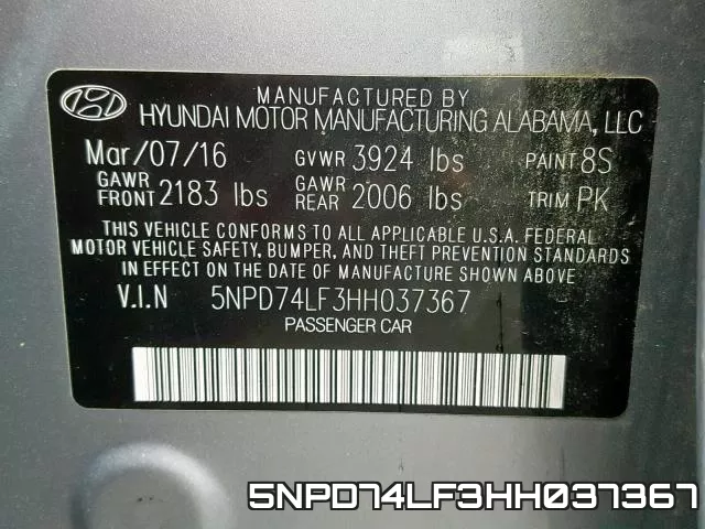 5NPD74LF3HH037367 фото 2