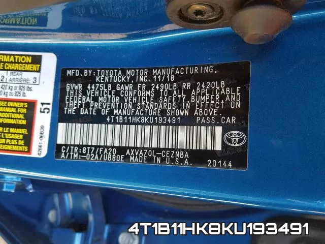 4T1B11HK8KU193491 фото 2