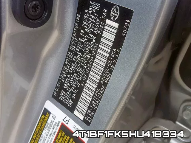 4T1BF1FK5HU418334 фото 2