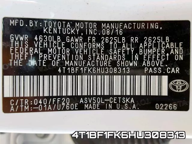 4T1BF1FK6HU308313 фото 2