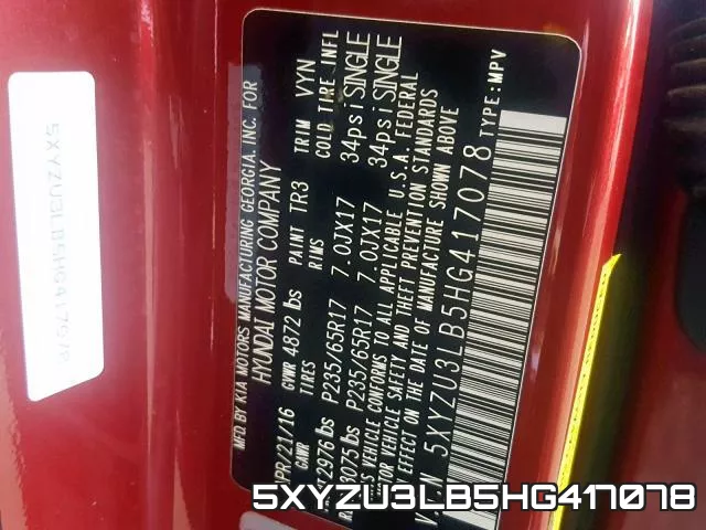 5XYZU3LB5HG417078 фото 2