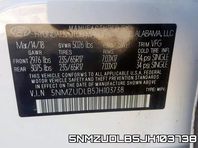 5NMZUDLB5JH103738 фото 2