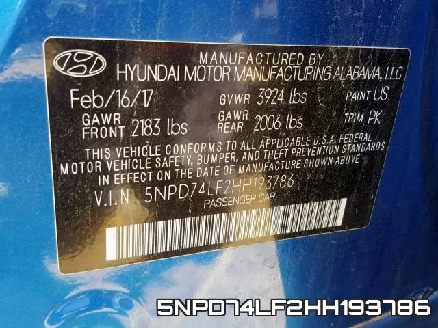 5NPD74LF2HH193786 фото 2