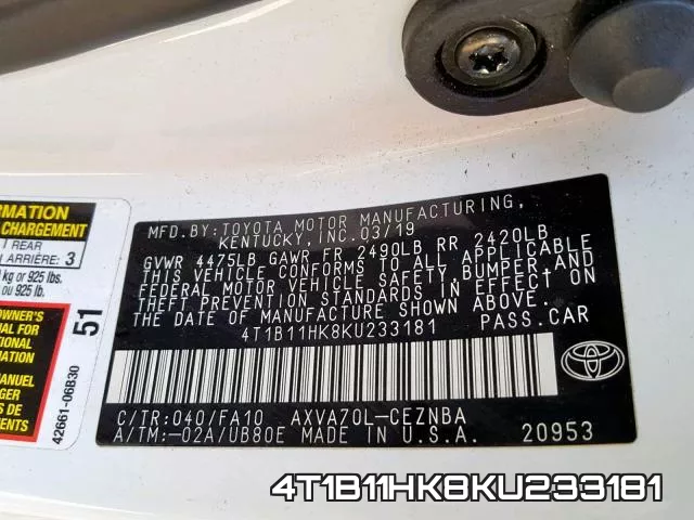 4T1B11HK8KU233181 фото 2