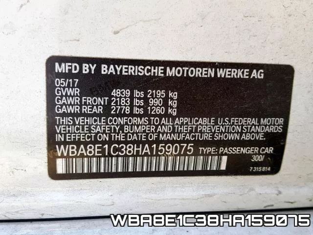 WBA8E1C38HA159075 фото 2