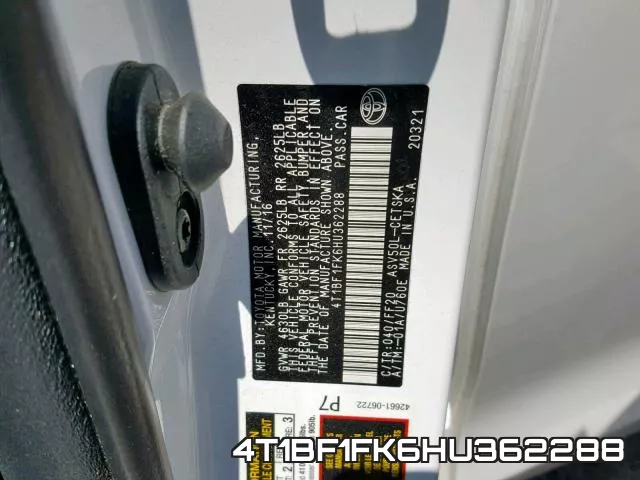 4T1BF1FK6HU362288 фото 2