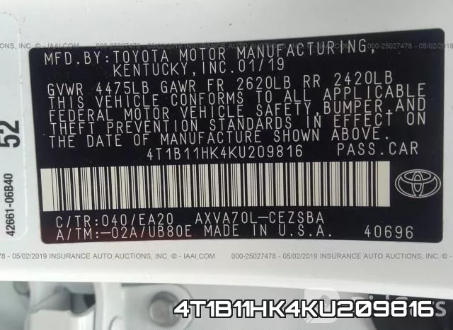 4T1B11HK4KU209816 фото 10