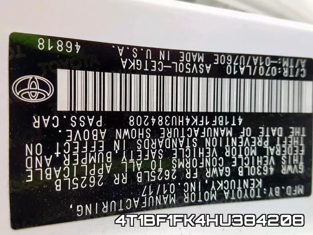 4T1BF1FK4HU384208 фото 2