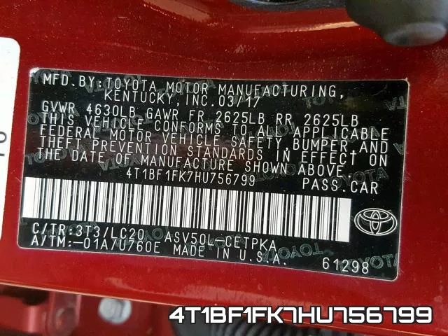4T1BF1FK7HU756799 фото 2