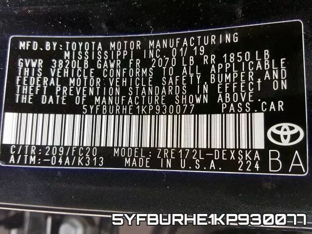 5YFBURHE1KP930077 фото 2
