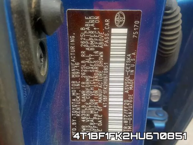 4T1BF1FK2HU670851 фото 2
