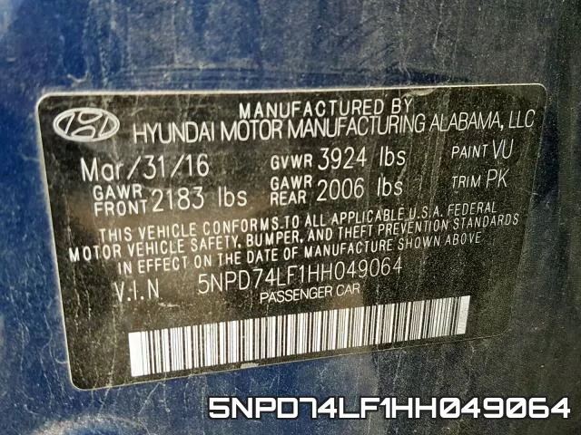 5NPD74LF1HH049064 фото 2