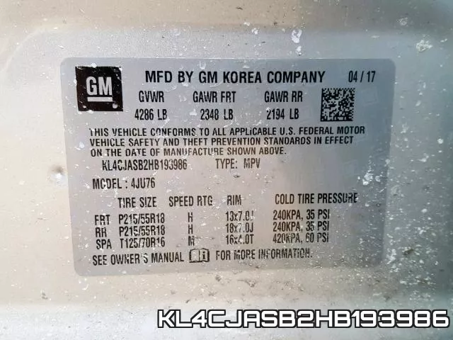 KL4CJASB2HB193986 фото 2