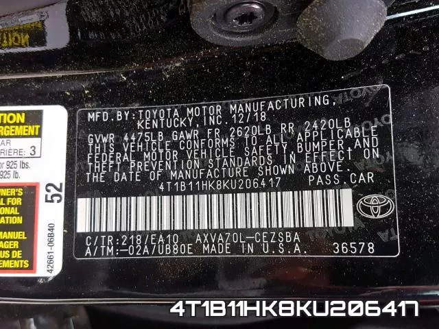 4T1B11HK8KU206417 фото 2