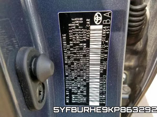 5YFBURHE9KP863292 фото 2