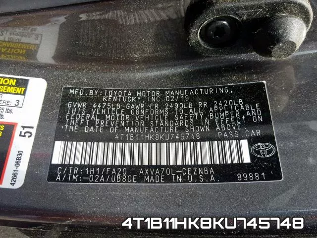 4T1B11HK8KU745748 фото 2