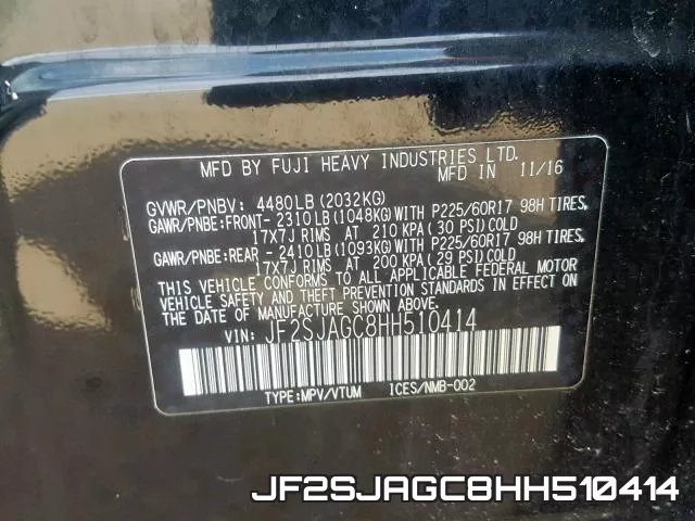 JF2SJAGC8HH510414 фото 2