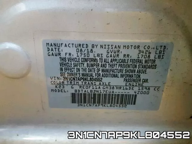 3N1CN7AP9KL804552 фото 2