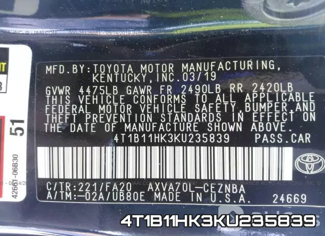 4T1B11HK3KU235839 фото 10