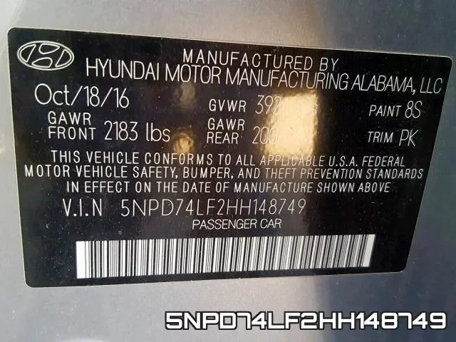 5NPD74LF2HH148749 фото 2