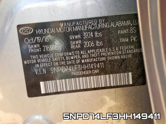 5NPD74LF3HH149411 фото 2