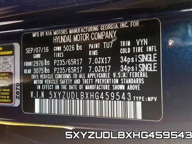 5XYZUDLBXHG459543 фото 2
