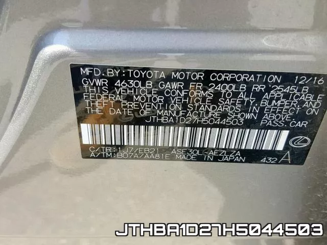 JTHBA1D27H5044503 фото 2