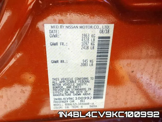 1N4BL4CV9KC100992 фото 2