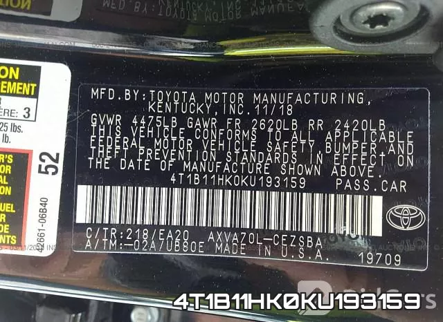 4T1B11HK0KU193159 фото 10