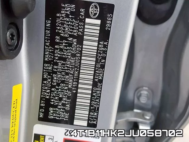 4T1B11HK2JU058702 фото 2