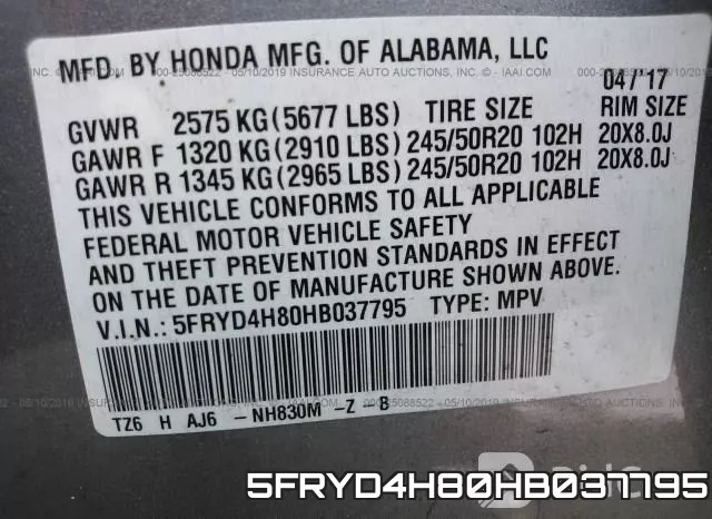 5FRYD4H80HB037795 фото 10