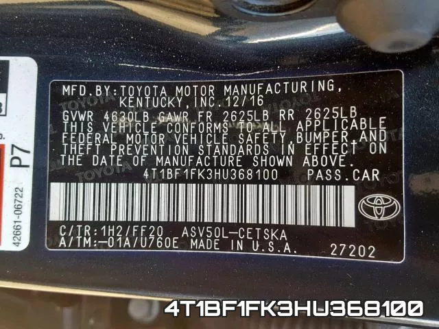 4T1BF1FK3HU368100 фото 2