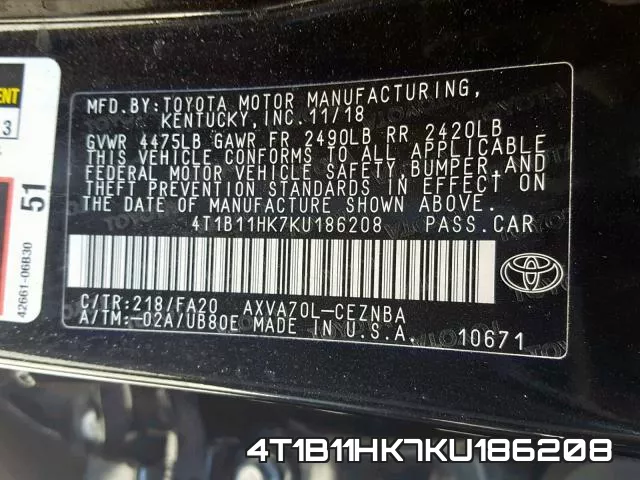 4T1B11HK7KU186208 фото 2