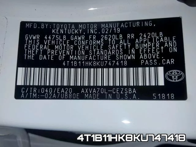 4T1B11HK8KU747418 фото 2