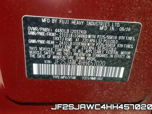 JF2SJAWC4HH457020 фото 2