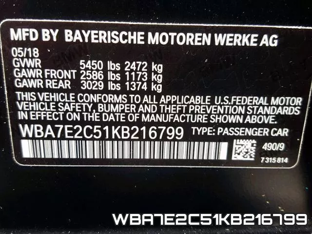 WBA7E2C51KB216799 фото 2