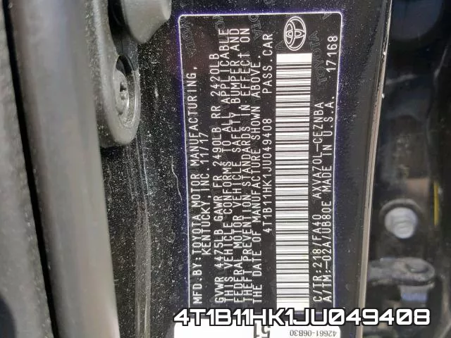 4T1B11HK1JU049408 фото 2