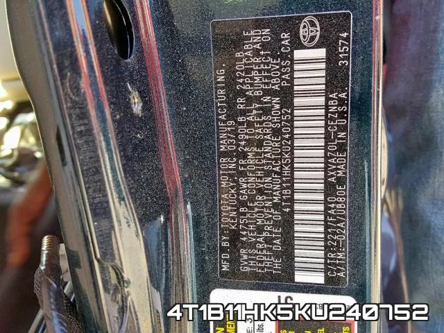 4T1B11HK5KU240752 фото 2