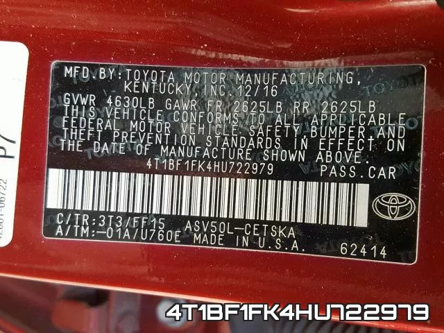 4T1BF1FK4HU722979 фото 2