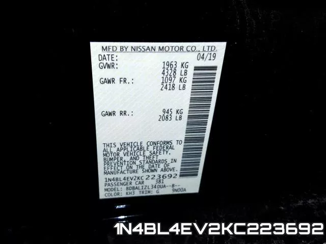 1N4BL4EV2KC223692 фото 2
