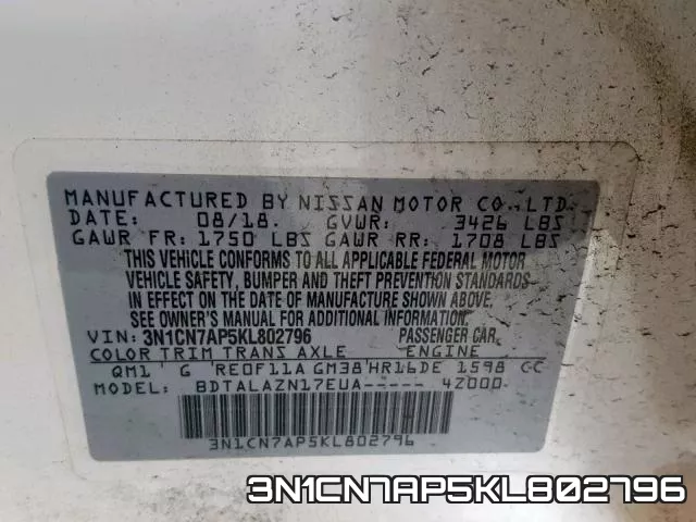 3N1CN7AP5KL802796 фото 2