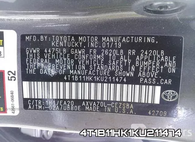 4T1B11HK1KU211474 фото 10