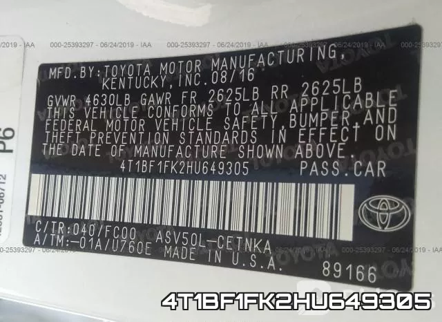 4T1BF1FK2HU649305 фото 10
